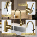 Stainless steel kitchen tap in brushed gold finish, angled view showing single lever control