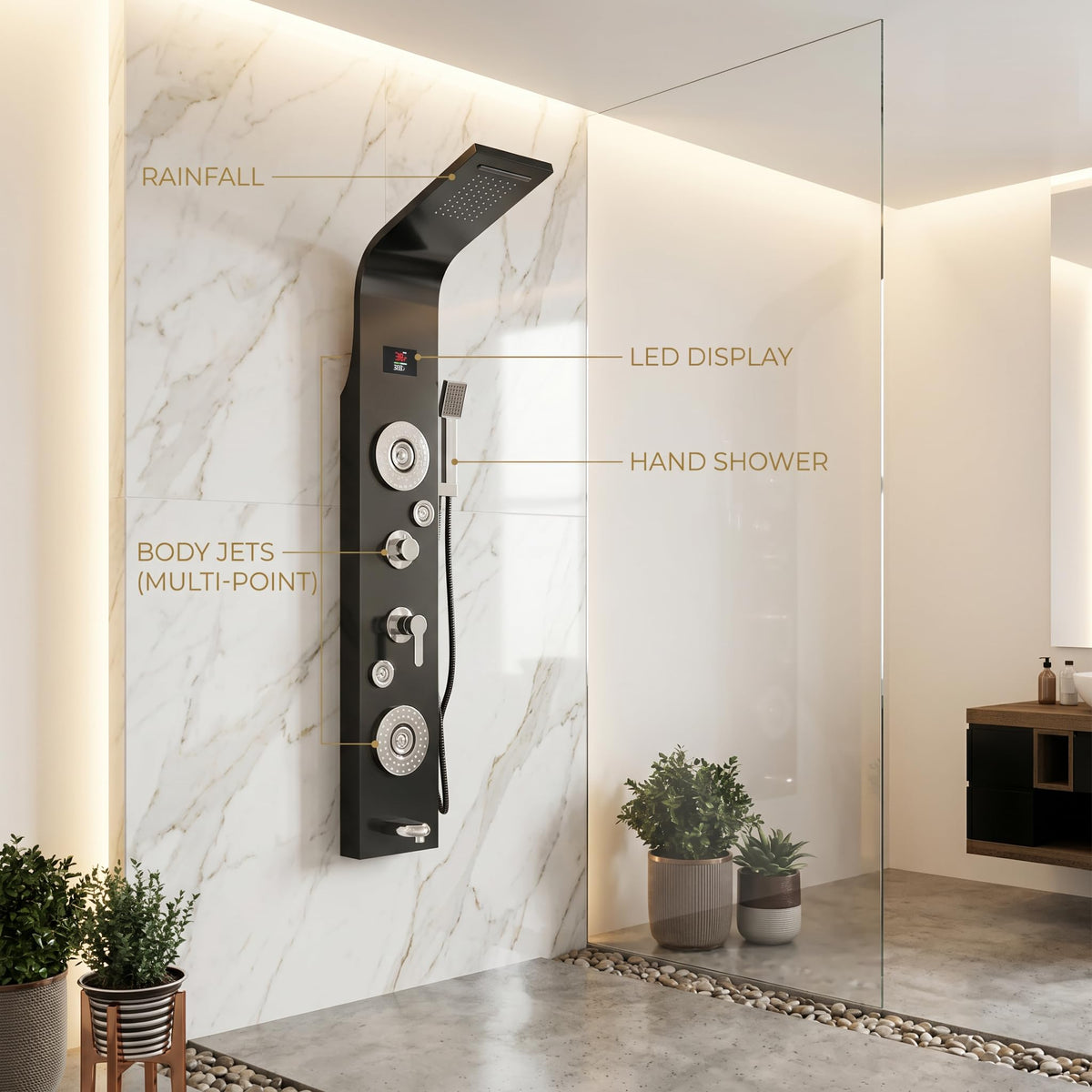 InArt 304 grade stainless steel shower panel close-up of body massage spray jets and hot & cold mixer control