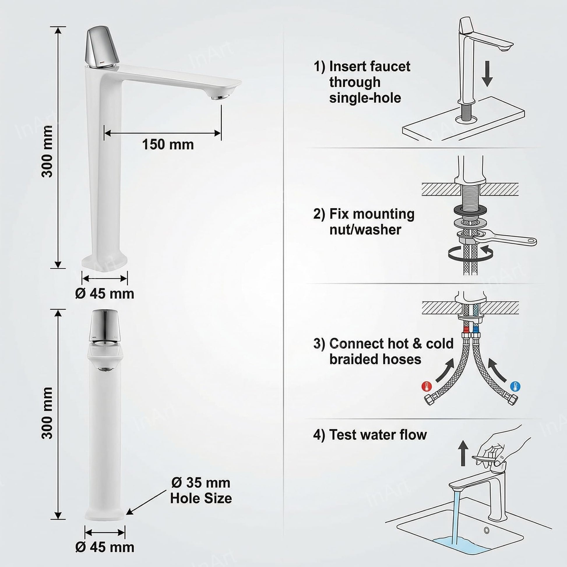 InArt white basin mixer tap installed on wash basin, modern bathroom basin tap with hot and cold mixer