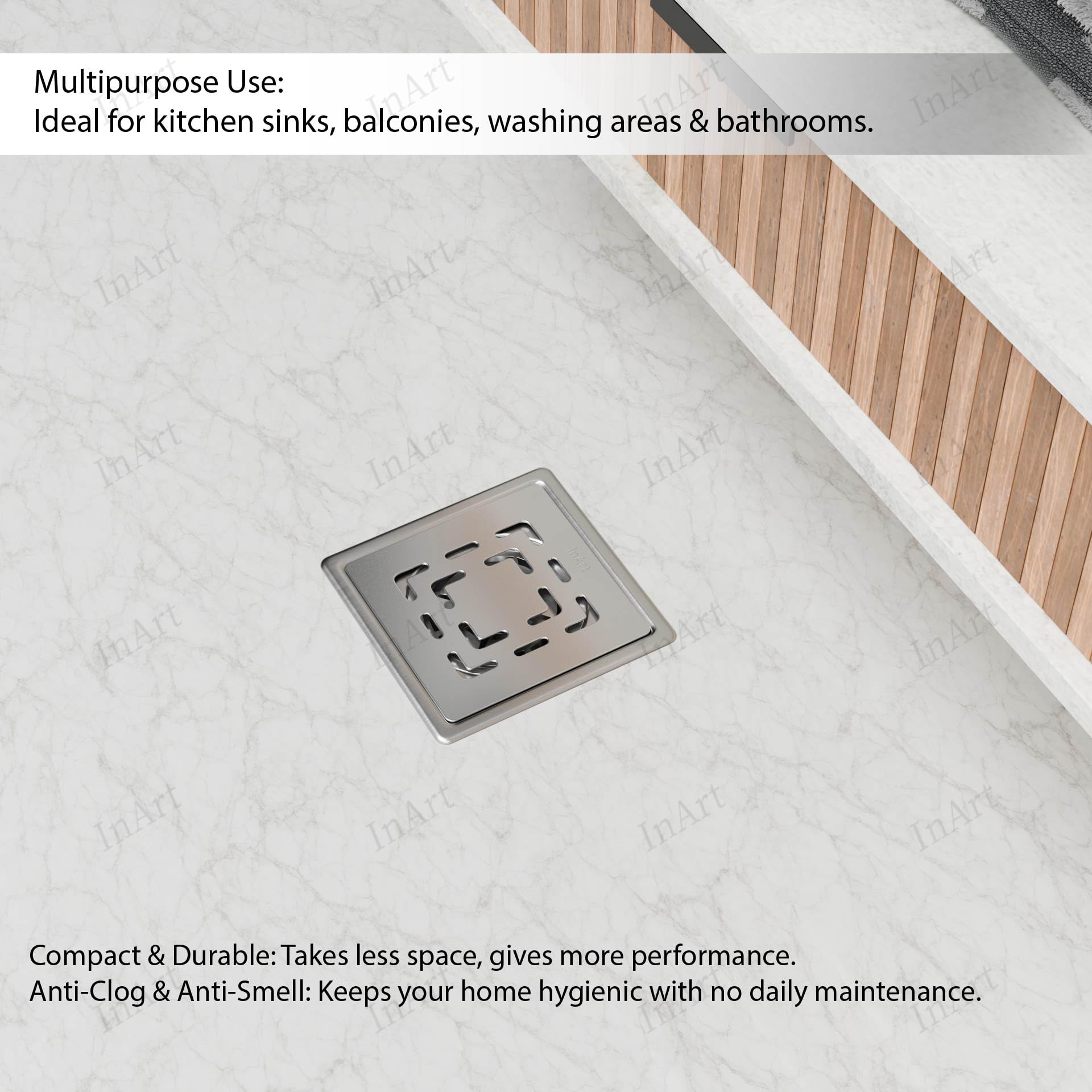 Swirl exclusive 5x5 inch square floor drain jali installed in bathroom floor, silver stainless steel