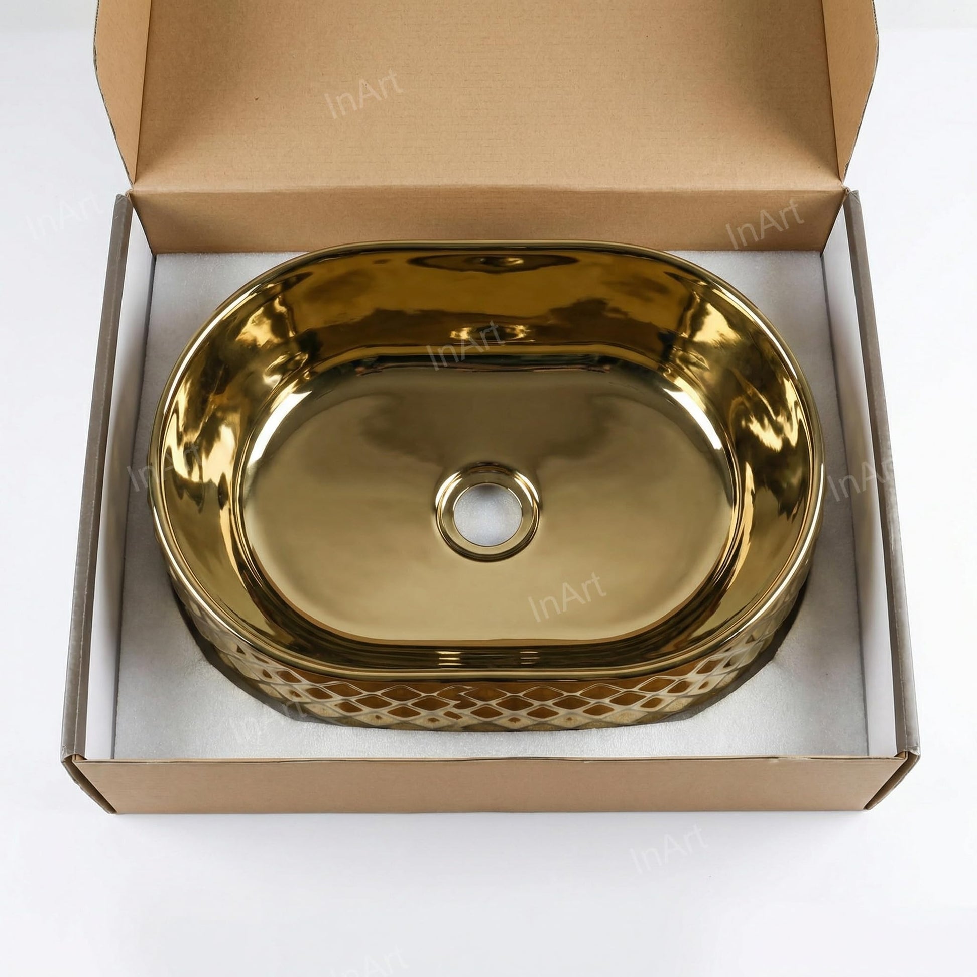Table top wash basin price in India: InArt gold ceramic oval basin, top view showing wide bowl