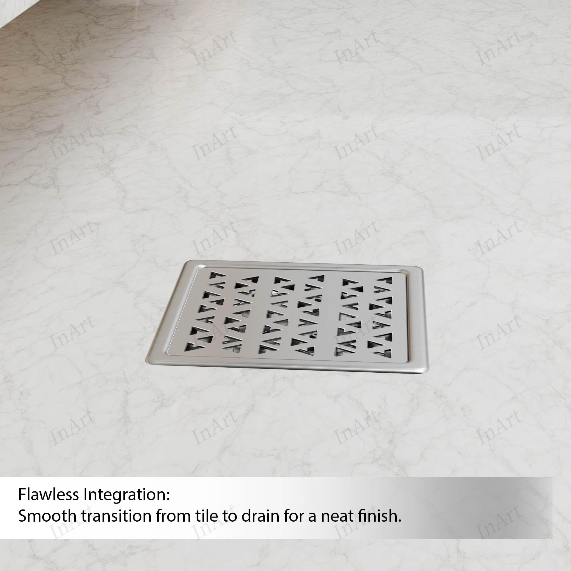 InArt 5x5 inch bathroom floor drain jali installed look, silver stainless steel for modern washroom flooring