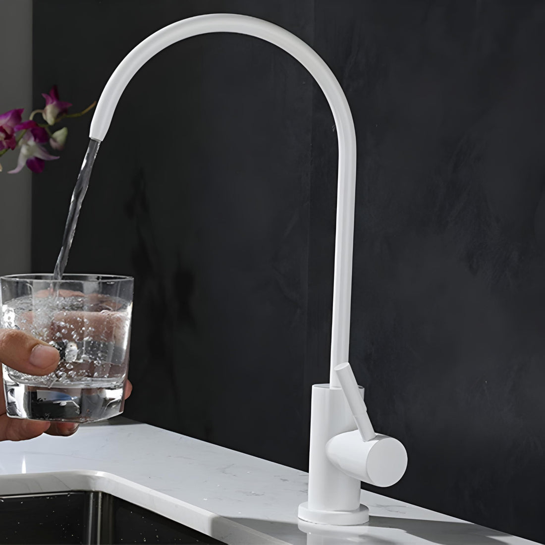 Tap water filter for sink with InArt SS304 gooseneck RO drinking water tap in glossy white, 360 swivel
