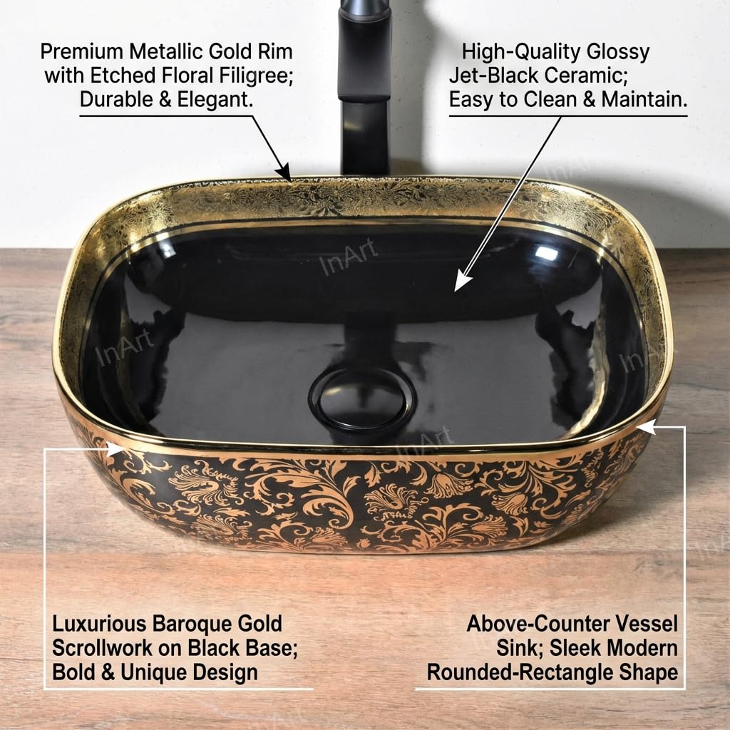 InArt wash basin countertop, oval ceramic table top basin in glossy black and gold, front view