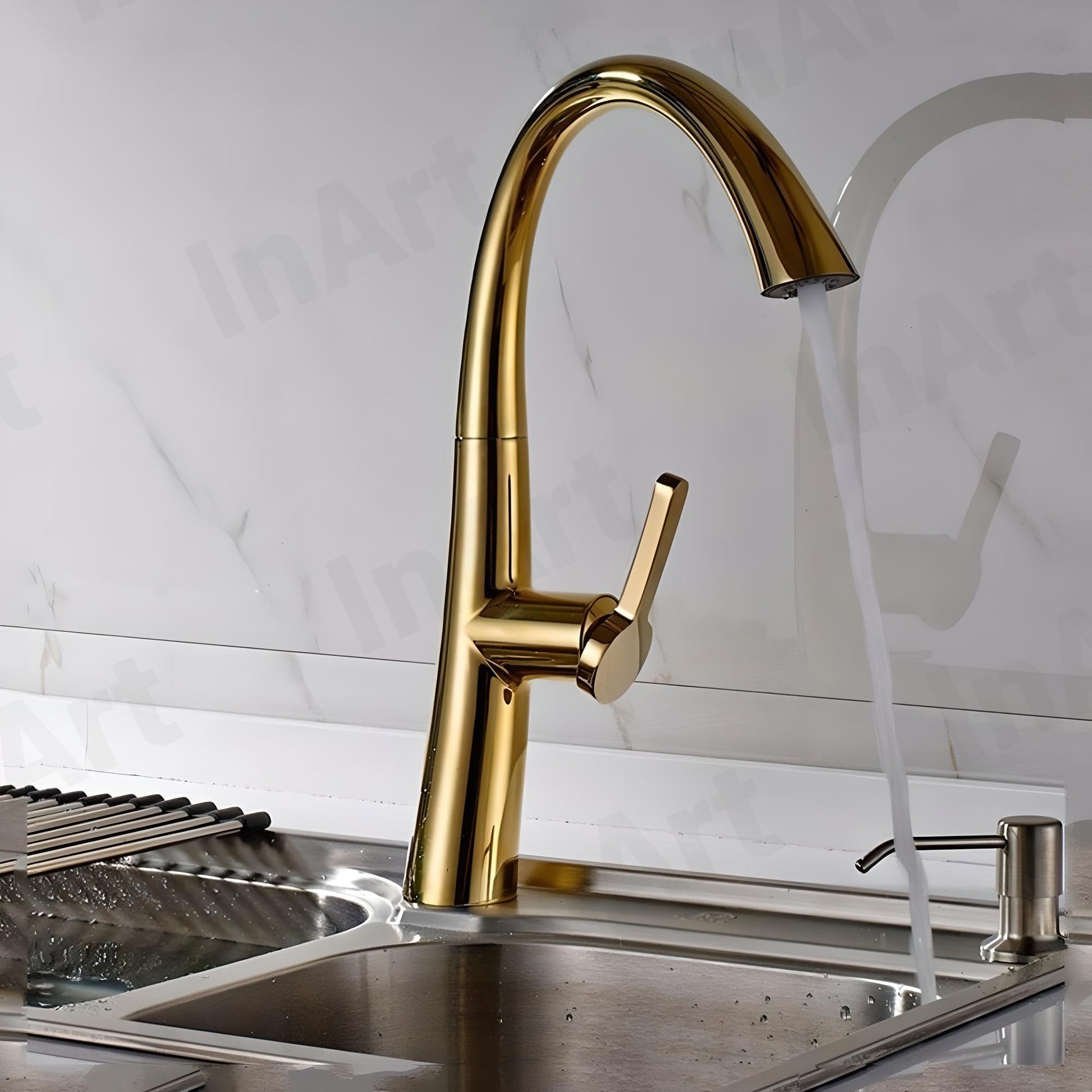 InArt hot and cold mixer tap for kitchen sink in gold finish, modern Indian kitchen counter setup