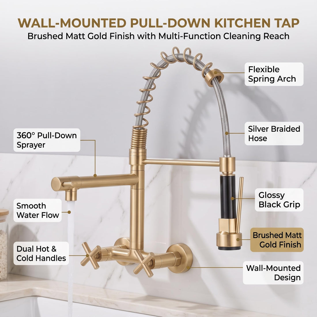 Wall mounted kitchen tap in brushed matt gold with pull-down sprayer and single lever control