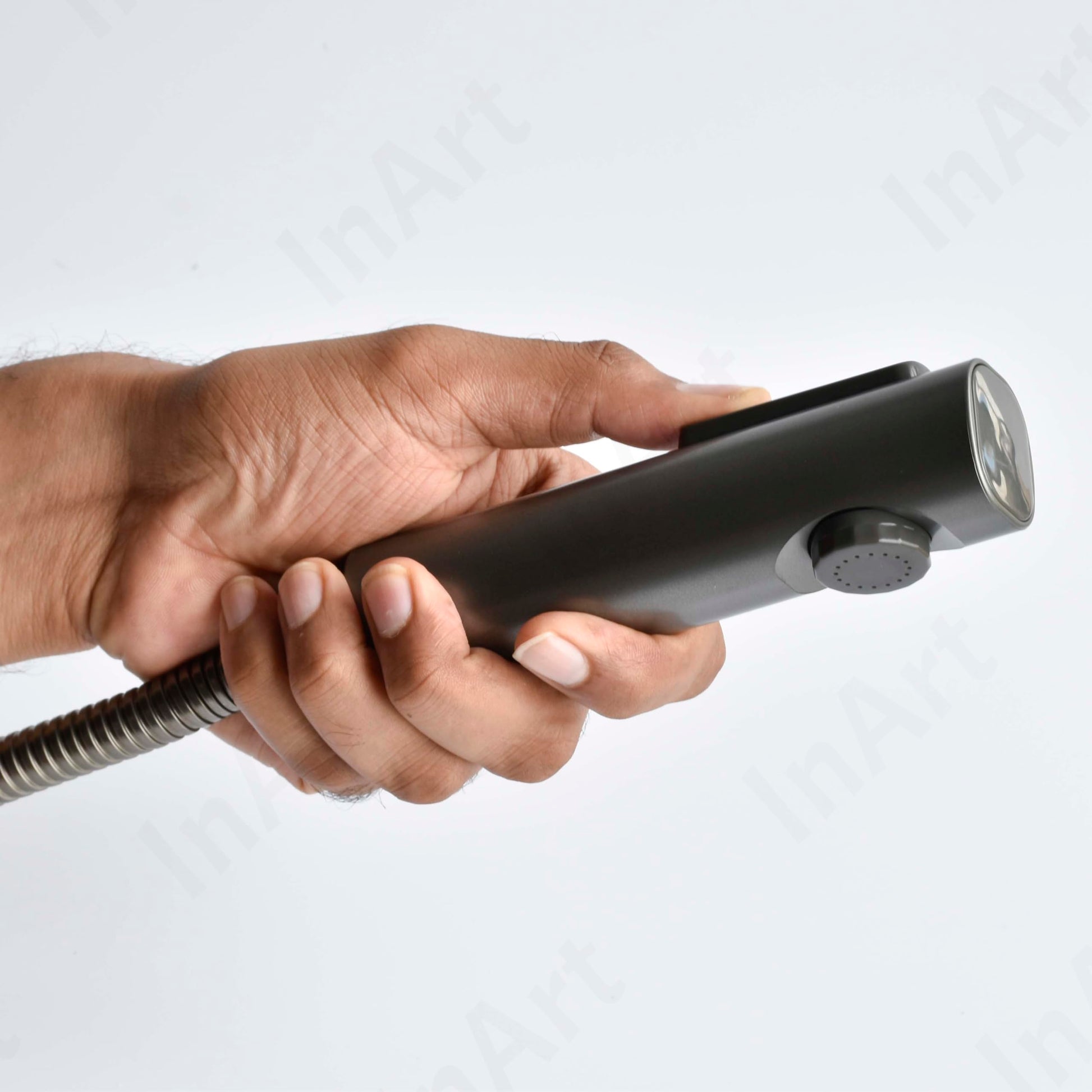 Grey matte health faucet with wall holder, compact handheld bidet spray for Indian bathroom use
