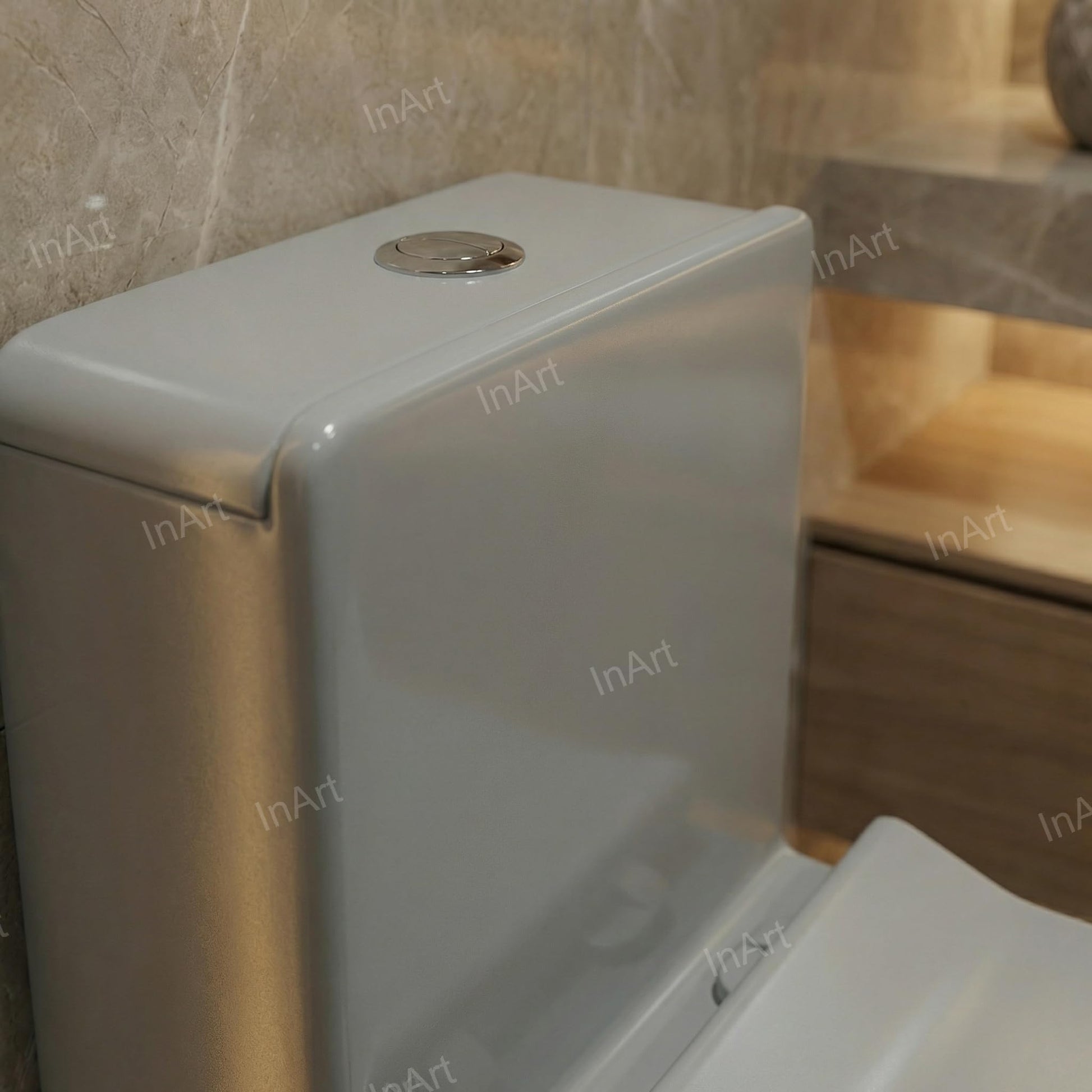 Close-up of soft close toilet seat hinge on grey ceramic one piece commode, premium sanitaryware detail