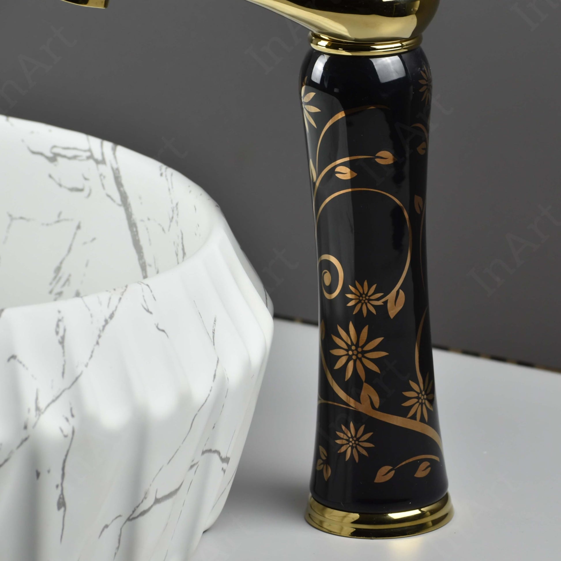 InArt hot and cold water mixer for wash basin, premium black gold waterfall tap in modern bathroom setting