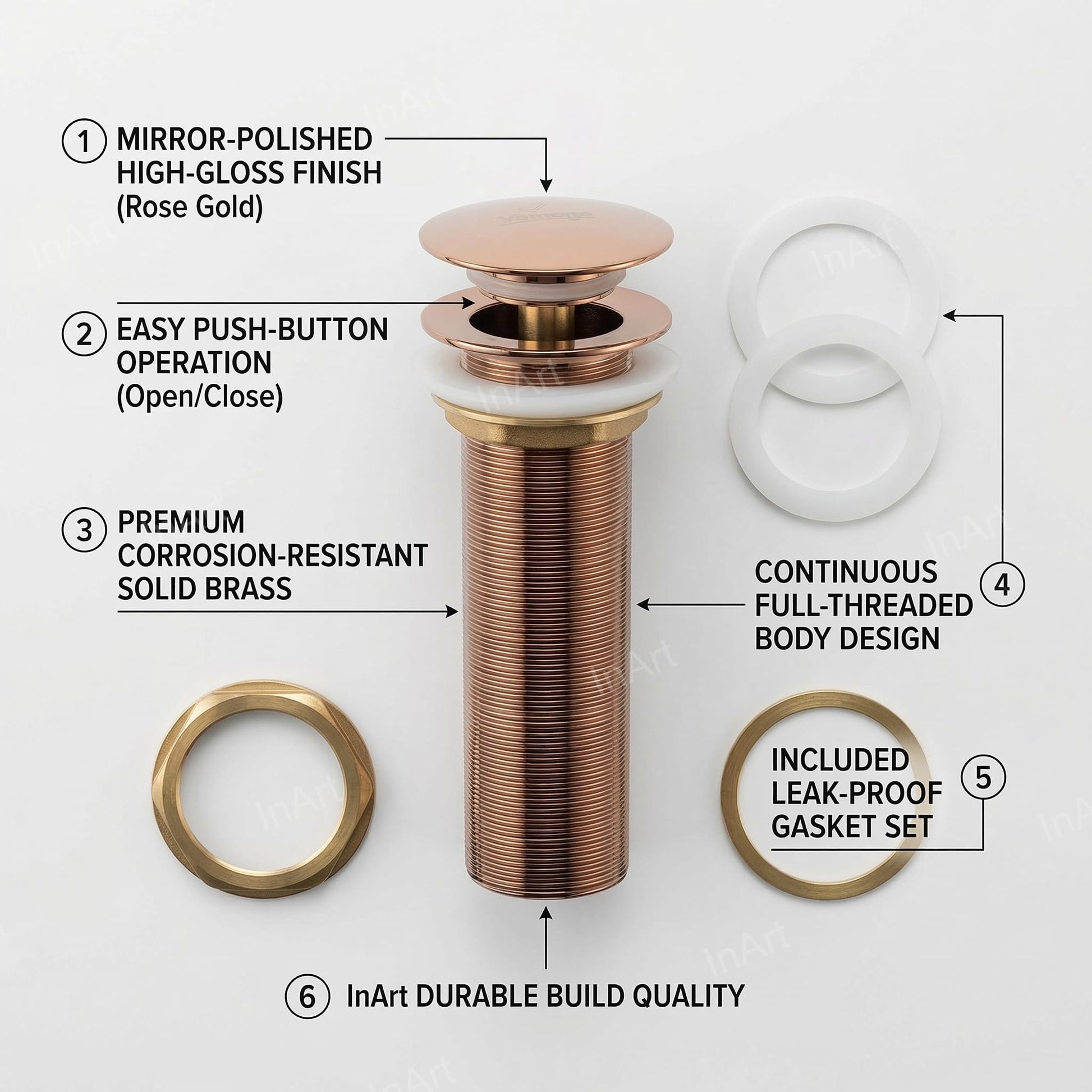 Designer wash basin waste coupling rose gold, angled view of round brass pop-up basin drainer
