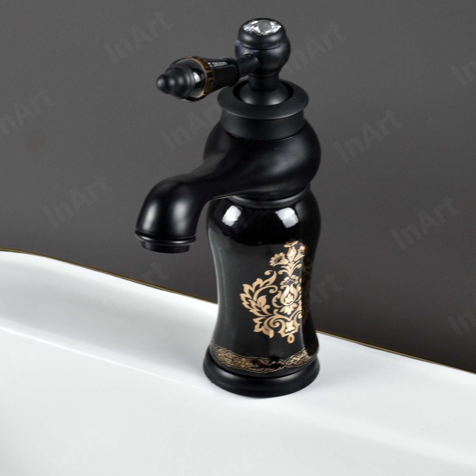 InArt hot and cold water tap mixer for wash basin, ceramic cartridge single lever in black finish close-up