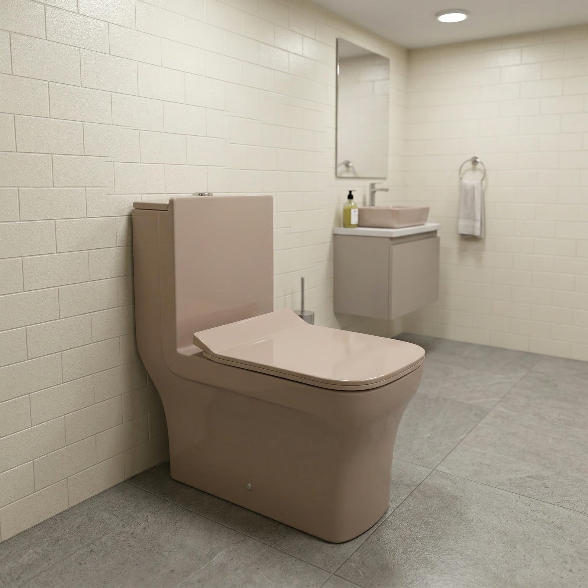 S-trap floor mounted water closet with 9 inch rough-in, pink rectangular ceramic one piece commode