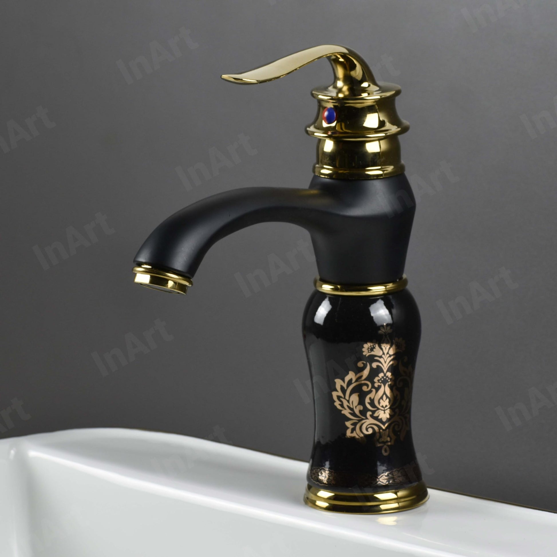 Wash basin pillar cock tap design in black gold finish, hot and cold water mixer, side angle deck mount