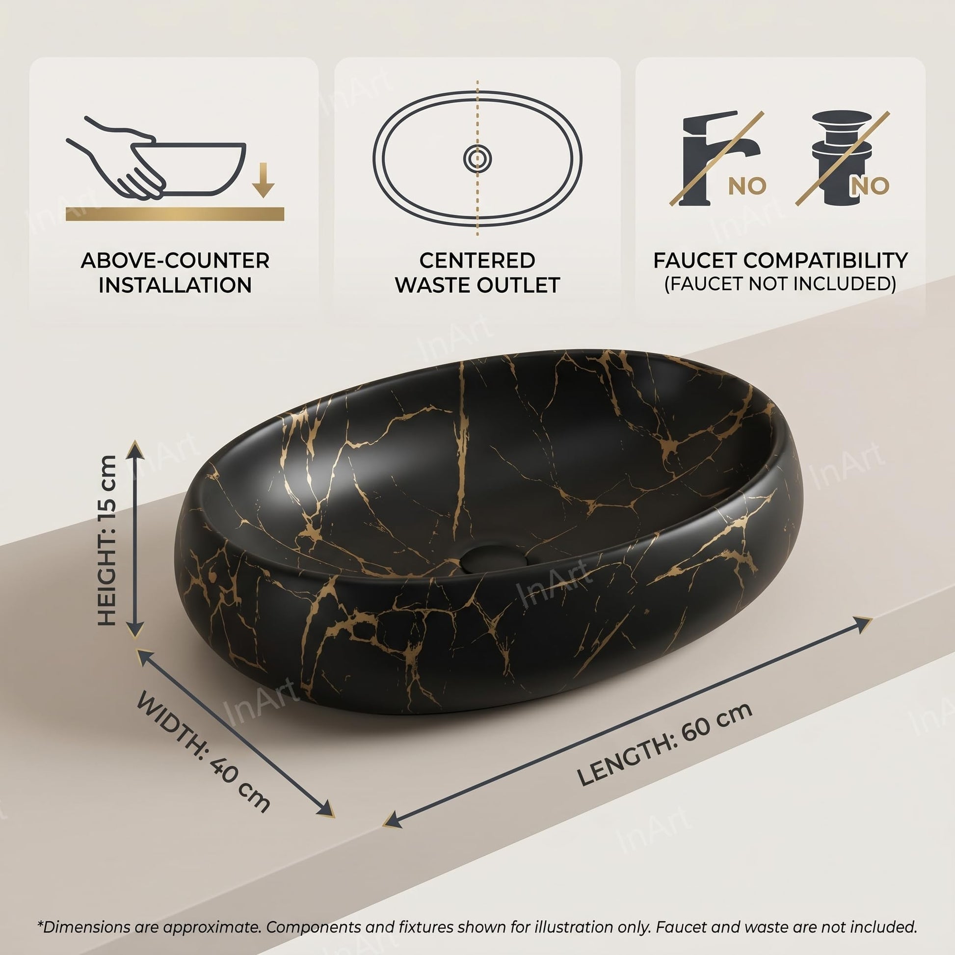 Table top basin with central drain hole, inner bowl depth view
