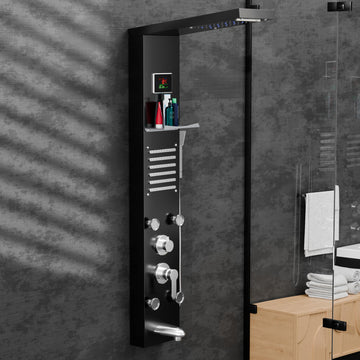 InArt black glossy thermostatic LED shower panel, bathroom shower panels, fluted paneling