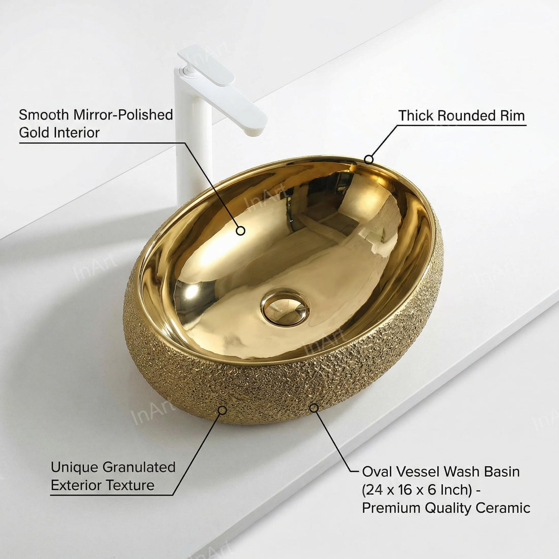 InArt ceramic table top wash basin oval golden finish, main front view for modern bathroom