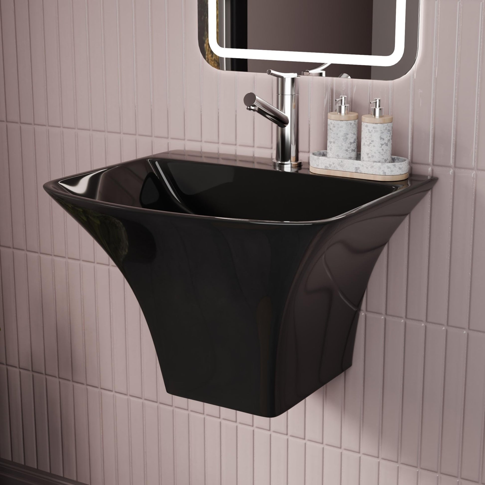 InArt half pedestal wash basin in glossy black ceramic, rectangular wall hung design, front view
