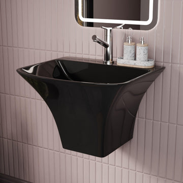 InArt half pedestal wash basin in glossy black ceramic, rectangular wall hung design, front view