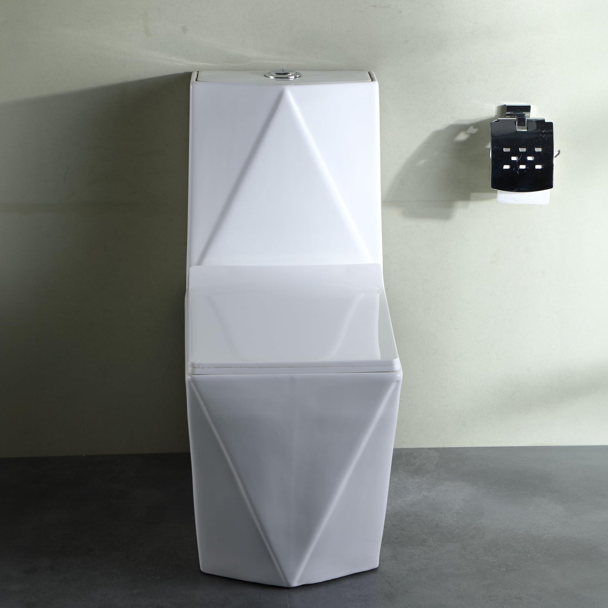 InArt ceramic floor mounted western toilet with durable seat, glossy white oval commode, side angle view
