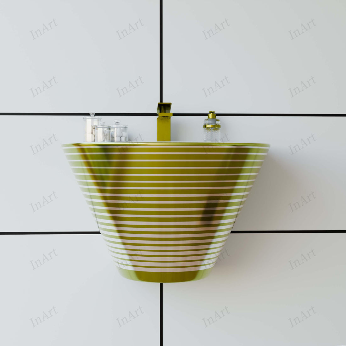 Cera half pedestal wash basin by InArt, ceramic rectangular wall hung basin in glossy white with gold trim