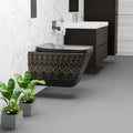 Premium sanitaryware look: black wall mounted commode installed in modern Indian bathroom setting