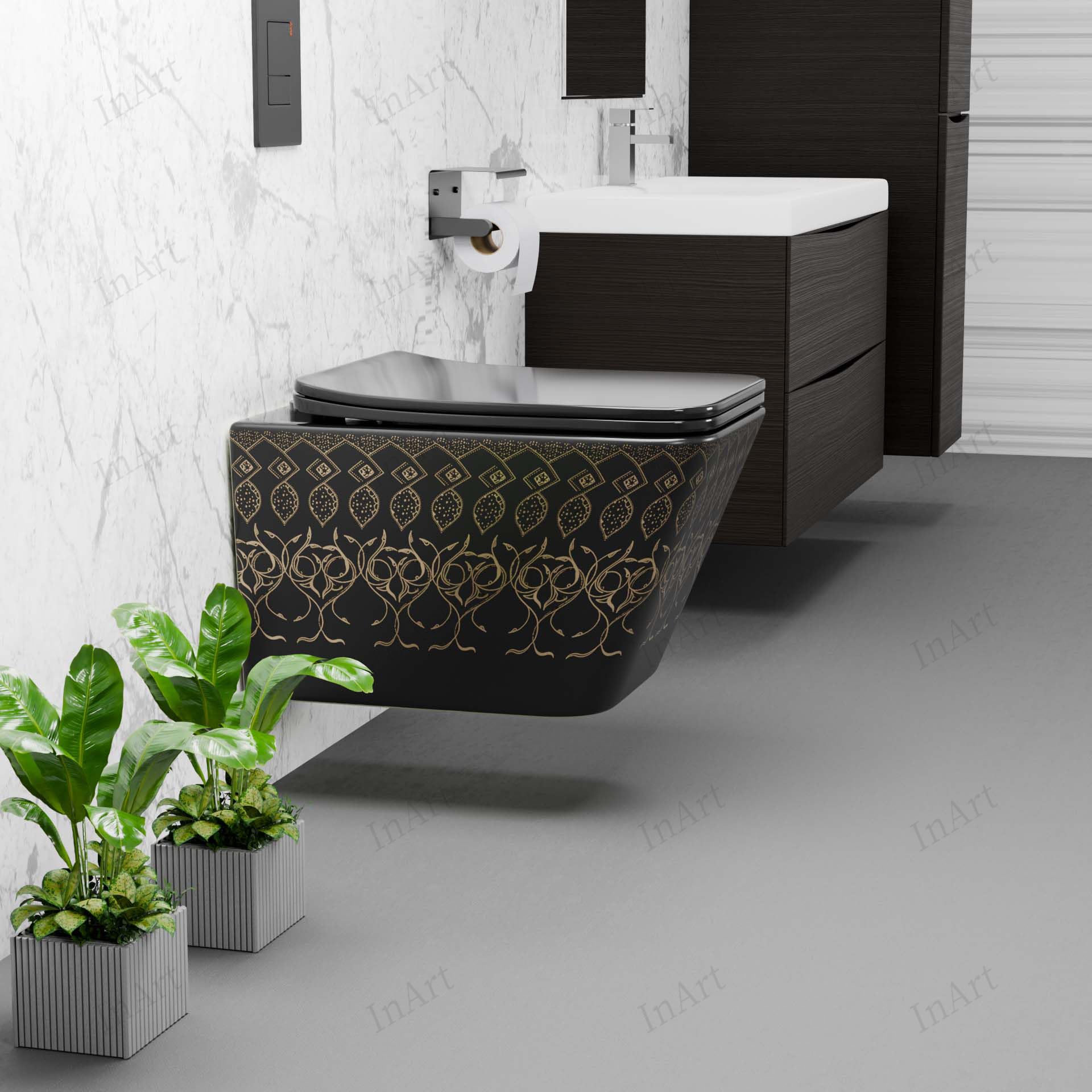 Premium sanitaryware look: black wall mounted commode installed in modern Indian bathroom setting