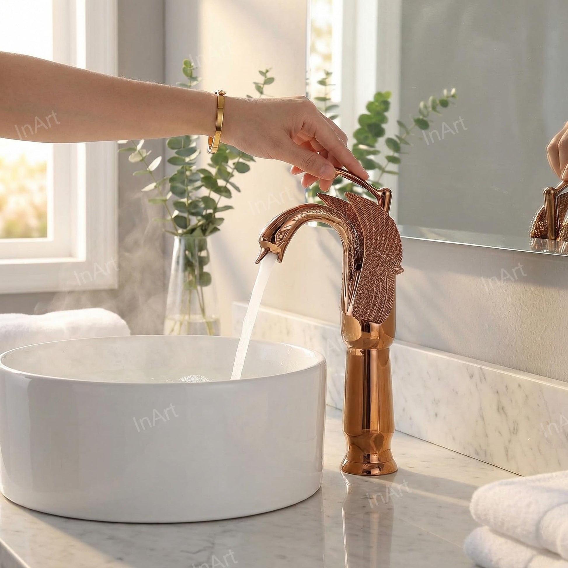 InArt hot and cold water mixer for wash basin, single hole tall body basin mixer tap in rose gold brass
