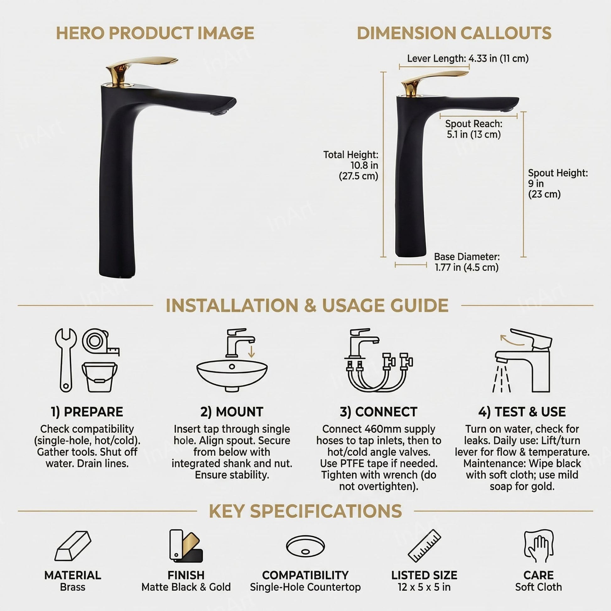 InArt single lever basin mixer tap installed on wash basin, premium bathroom interior look in black gold