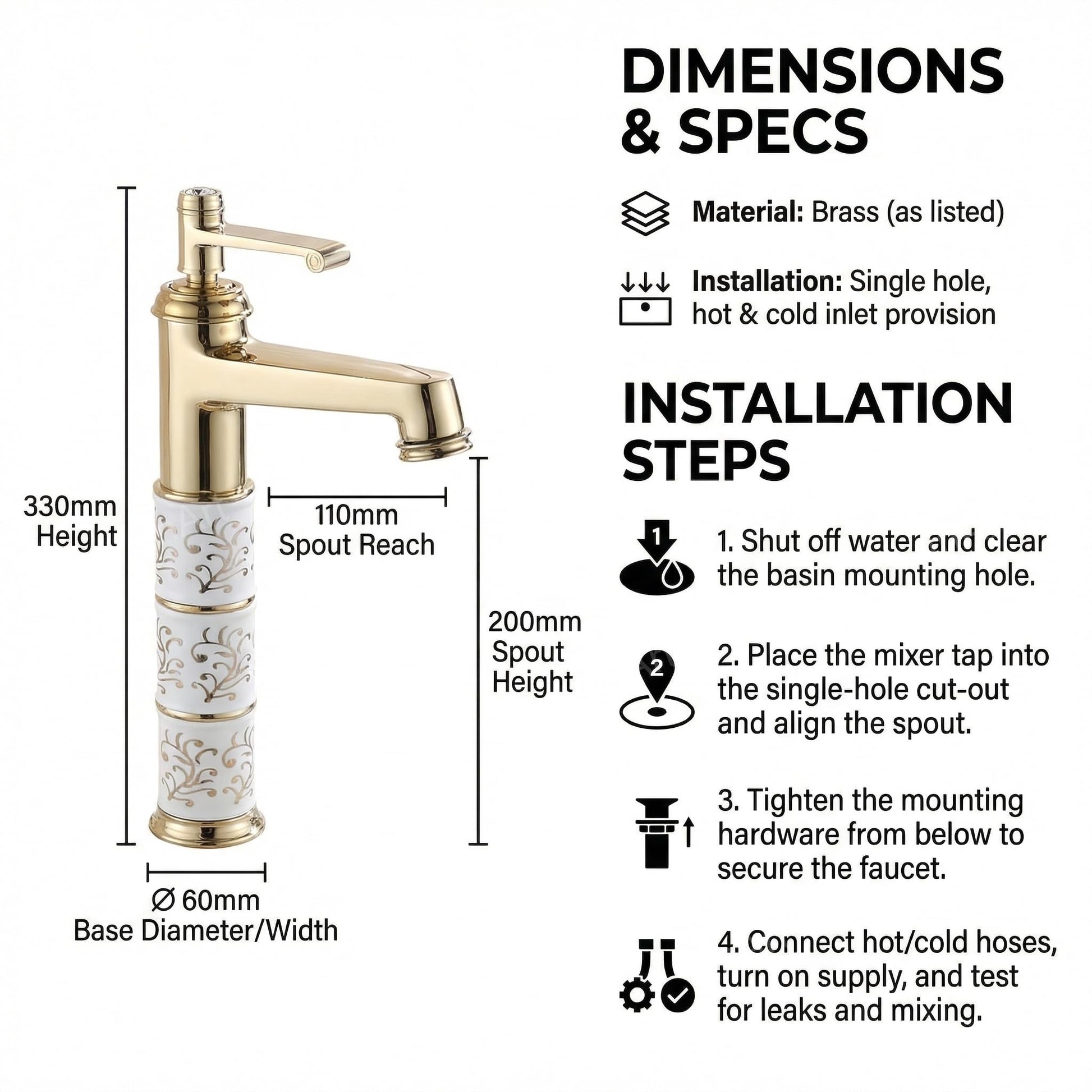 InArt golden single lever basin mixer tap installed on wash basin, modern bathroom interior look