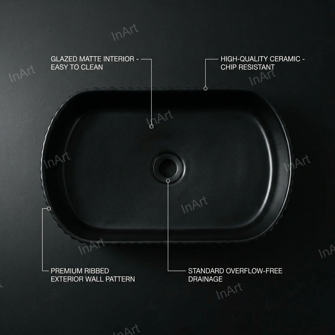 InArt ceramic rectangular table top wash basin, matte black finish, 51x31 cm counter top design