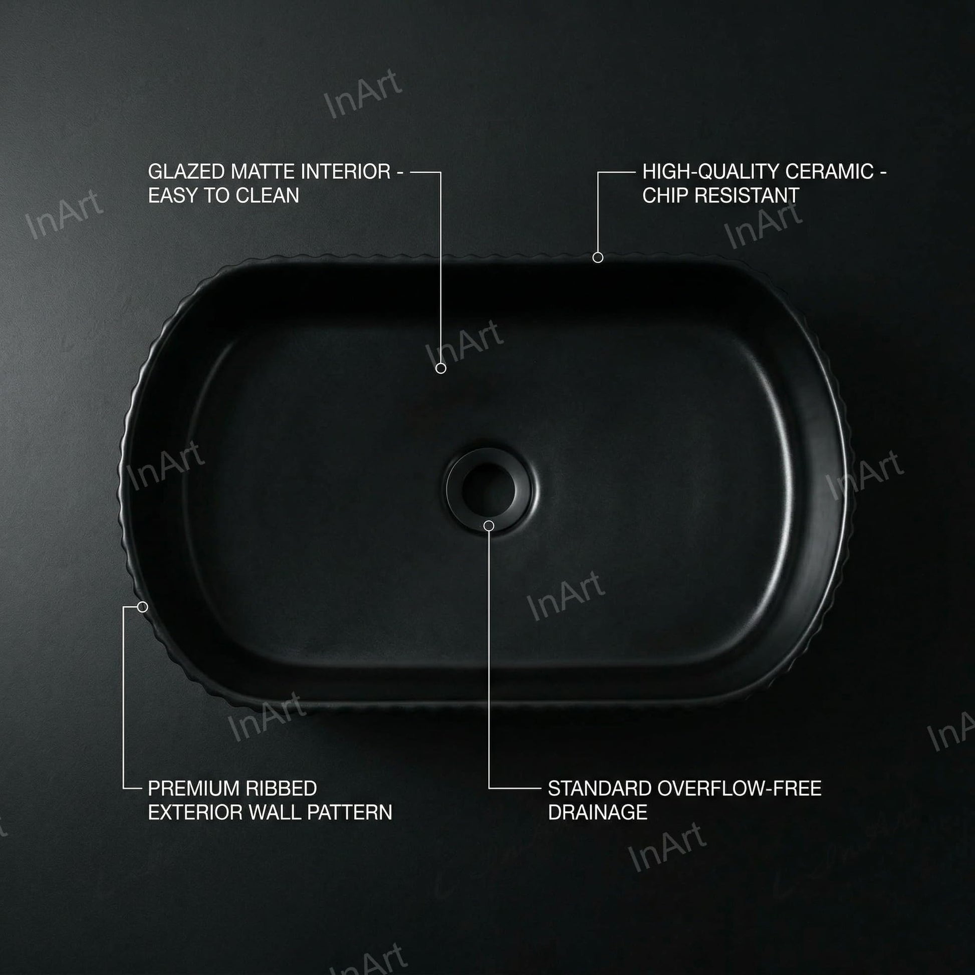 Designer matte black ceramic table top wash basin, front-left angle, modern bathroom basin design