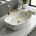 InArt ceramic table top wash basin, oval onyx marble finish, main front view