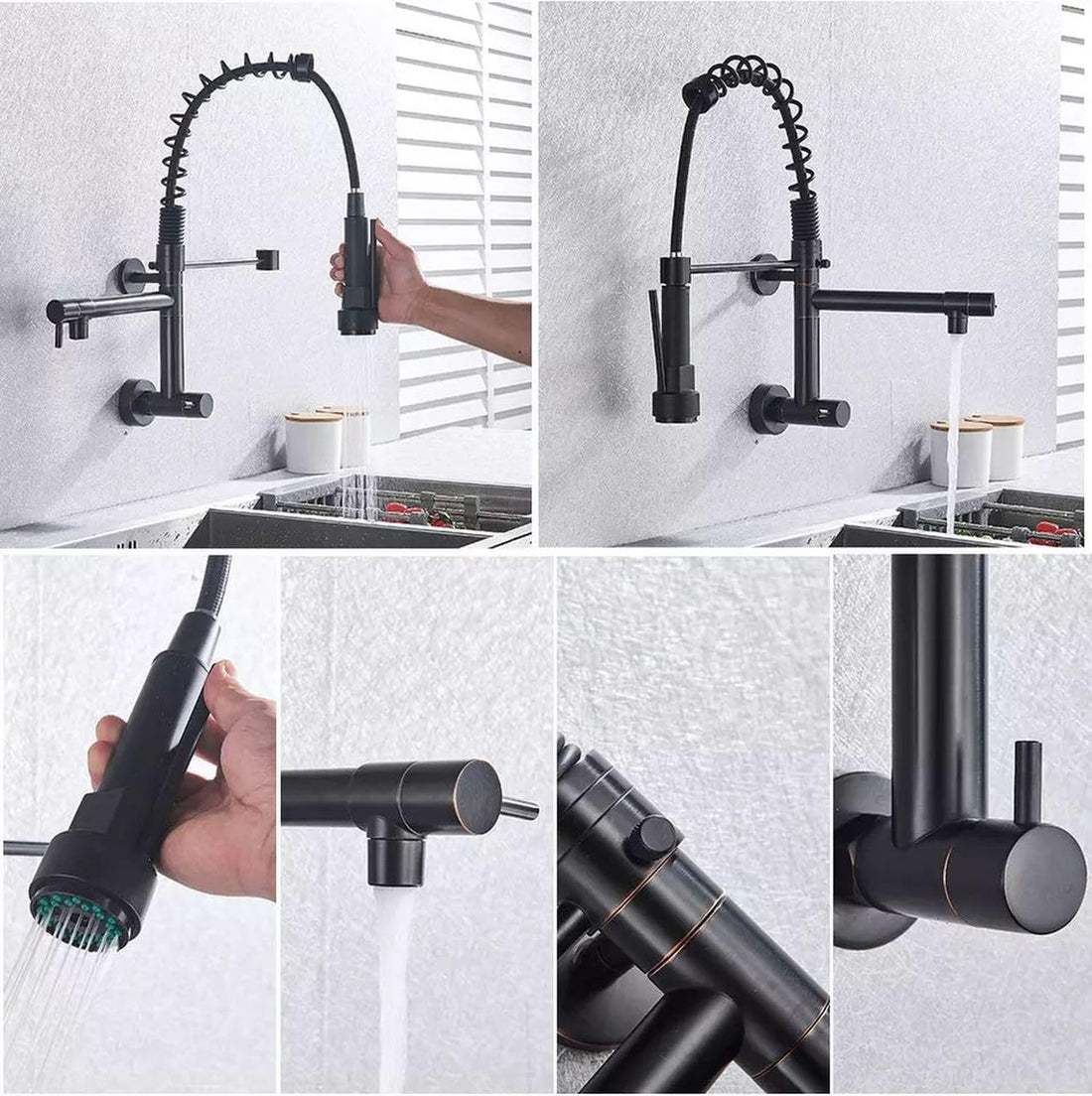 InArt wall mounted kitchen sink tap in matte black brass, 360° swivel pull-down sprayer, main view