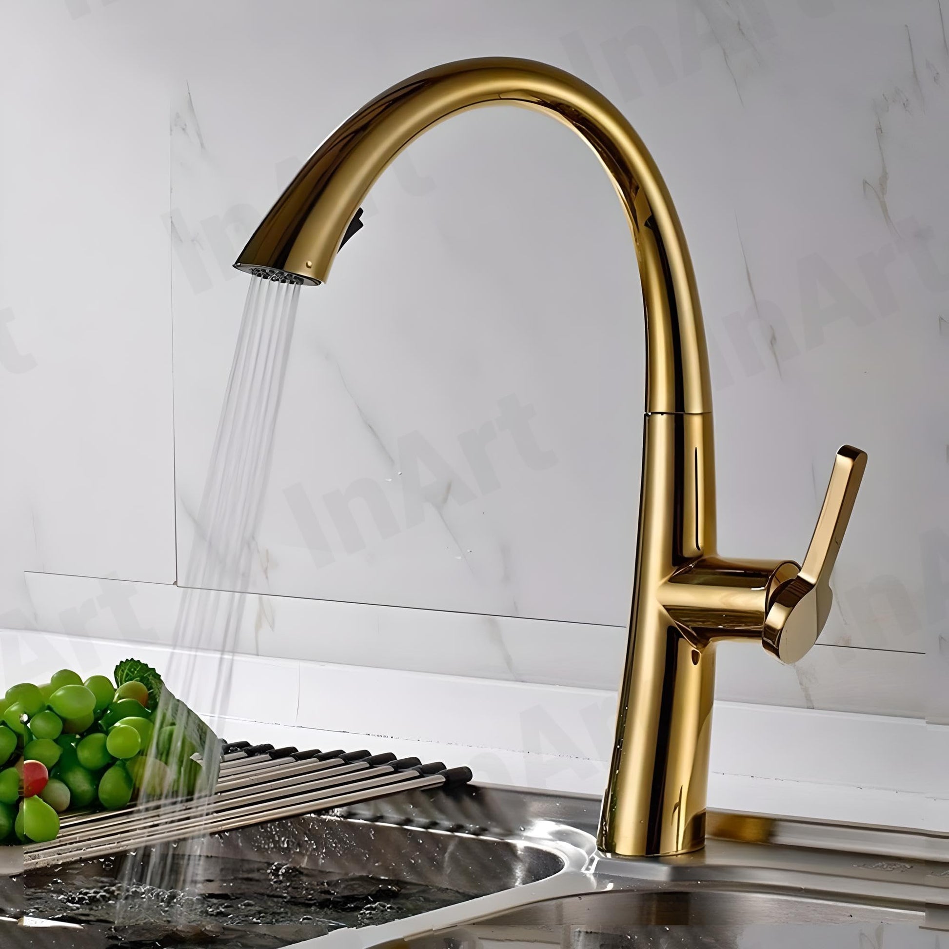 Gold stainless steel single lever sink mixer tap, side angle view with 360 degree swinging spout
