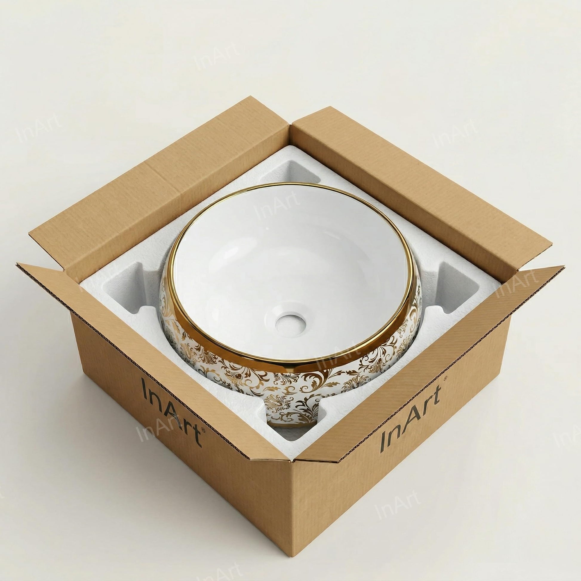 Table top wash basin online choice, InArt ceramic round basin 16 x 16 x 6 inch in white with gold