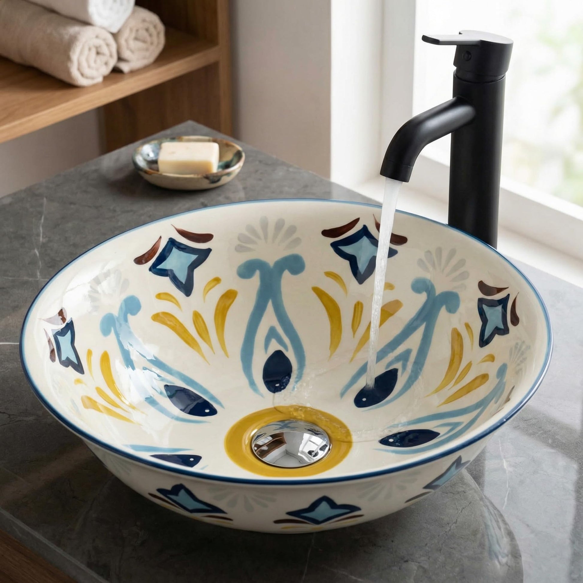 InArt cera table top wash basin, round ceramic Mexican Blue designer finish, 42x42 cm main view
