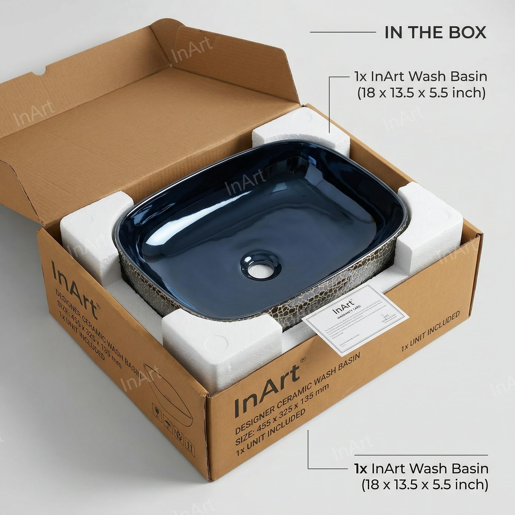 InArt ceramic wash basin above counter, rectangular glossy blue table top basin for bathroom sink with cabinet