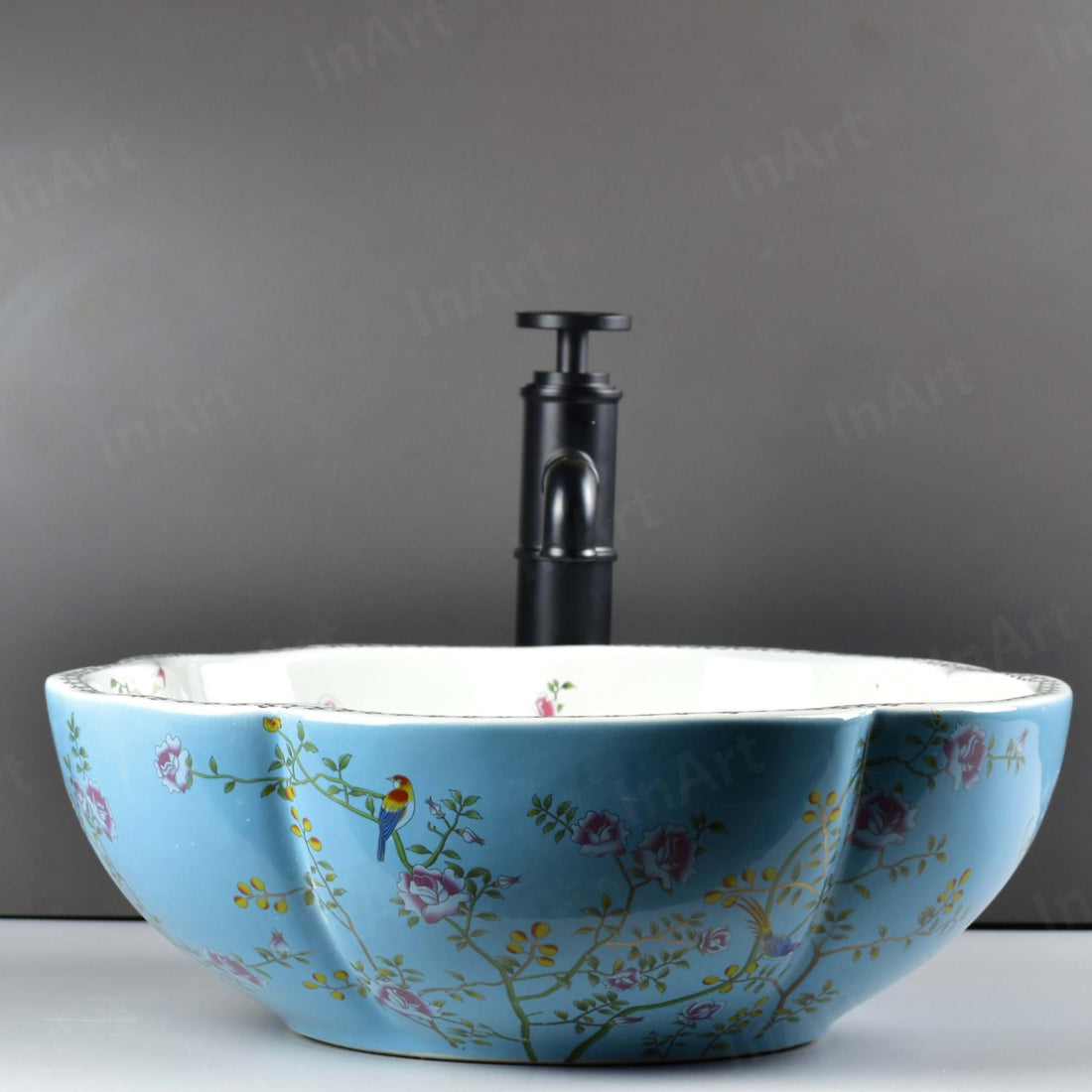 InArt over counter wash basin, glossy blue round ceramic table top basin, main front view