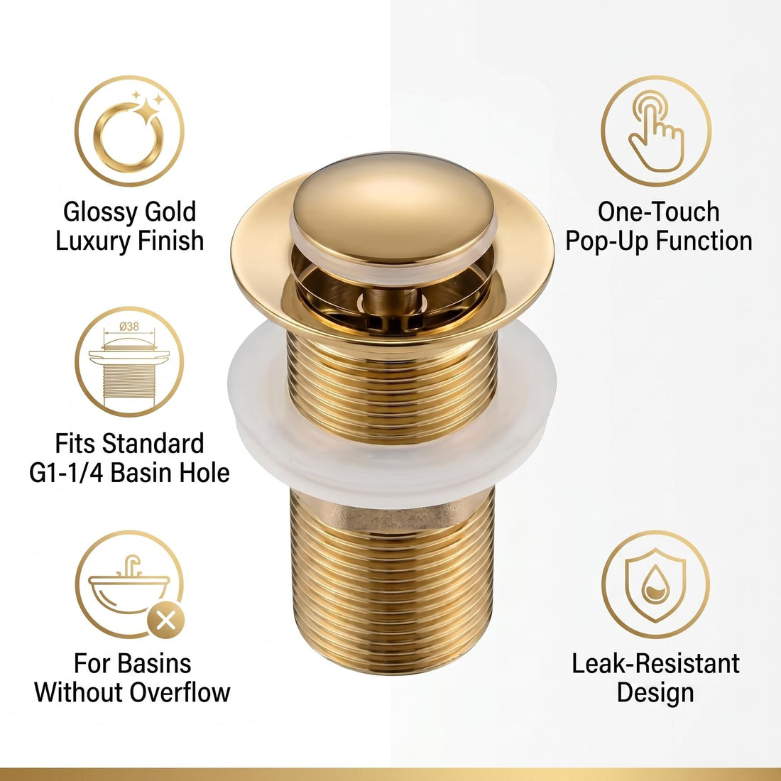 Gold finish pop-up waste coupling for wash basin with half cap top view