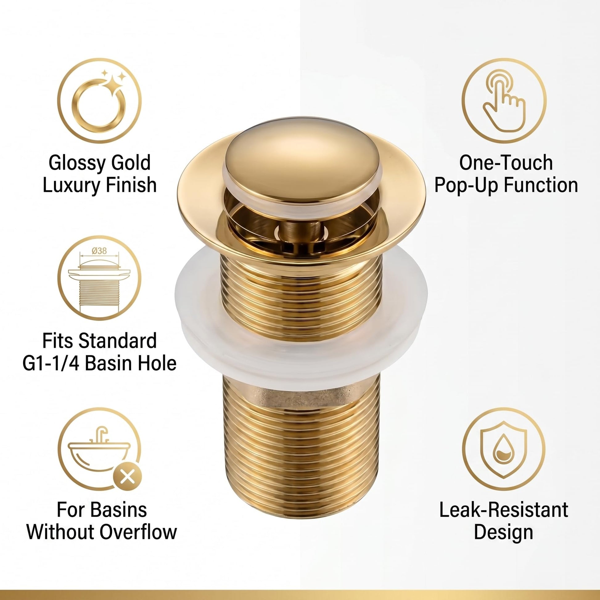 Full thread 5 inch basin drain coupling in gold colour side profile