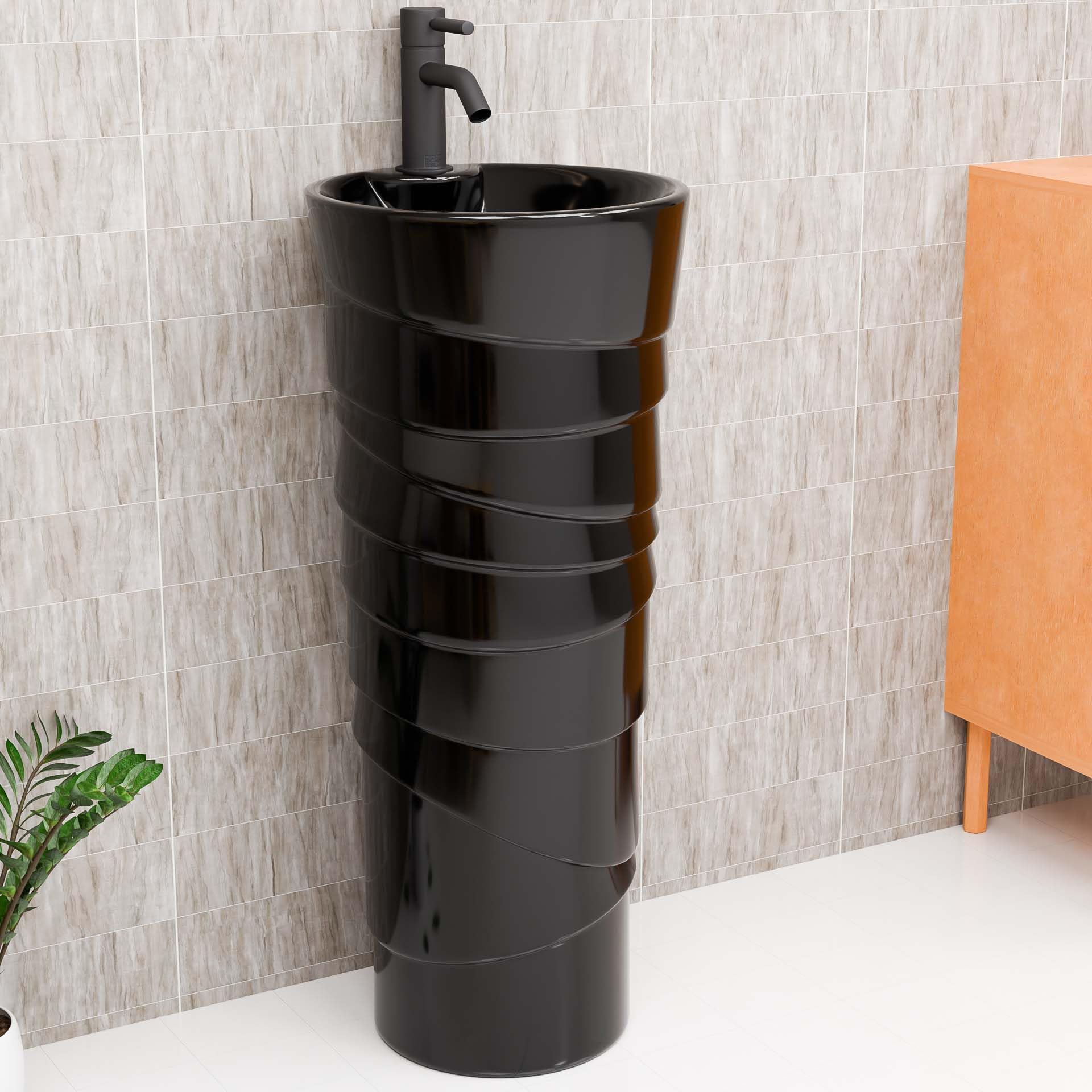 InArt black bathroom sink, ceramic square one-piece pedestal wash basin, front view