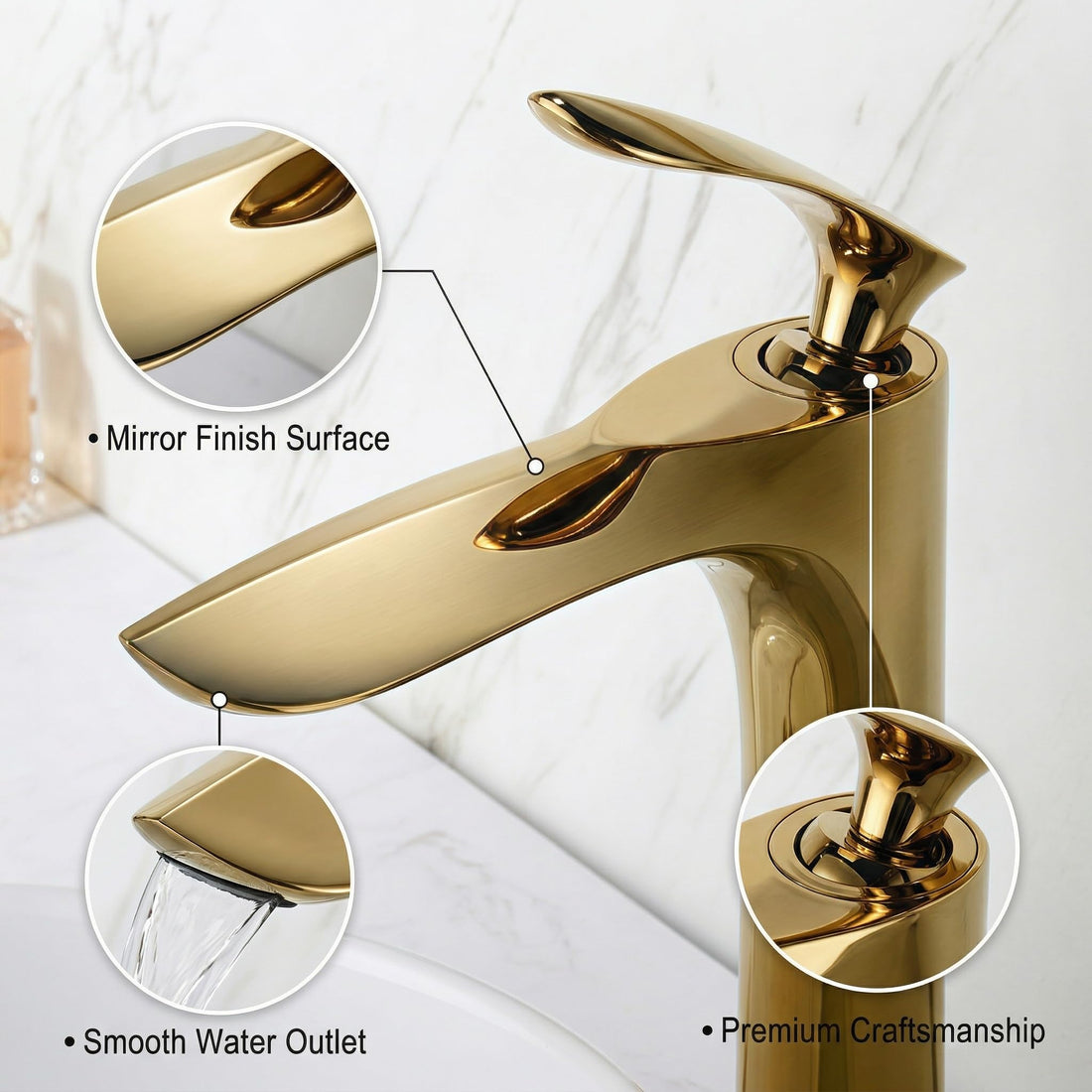InArt wash basin mixer tap in gold finish, long body pillar tap for bathroom wash basin
