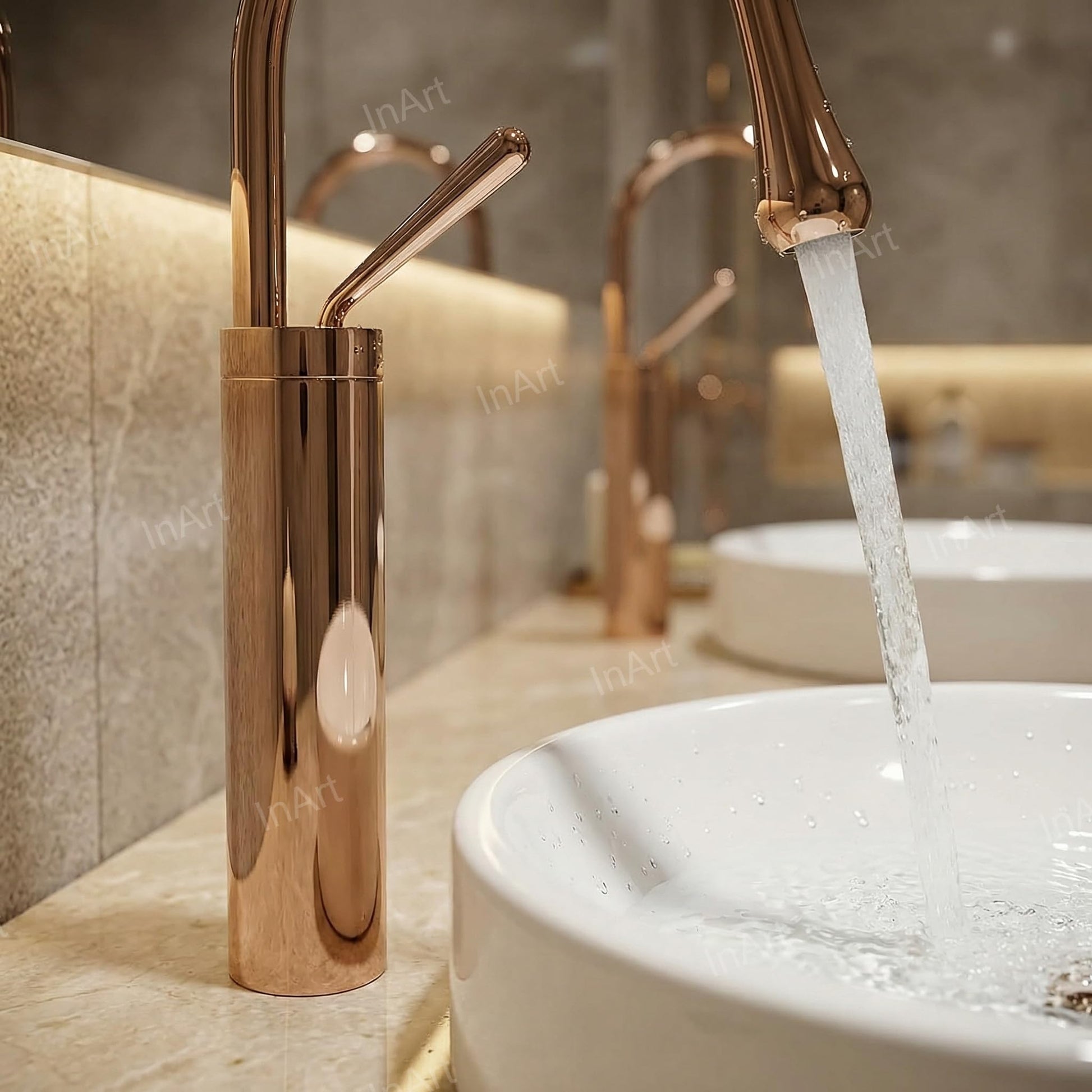 InArt rose gold basin mixer tap showing high neck spout reach, ideal for modern bathroom wash basin