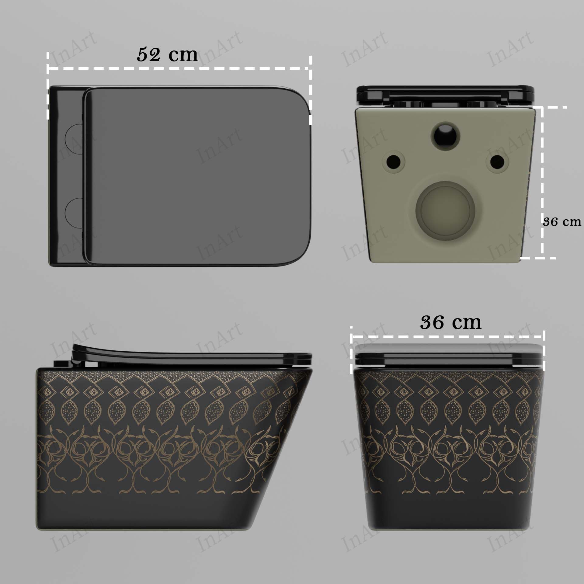 Soft close toilet seat cover detail on InArt black wall mount commode, oval rimless design