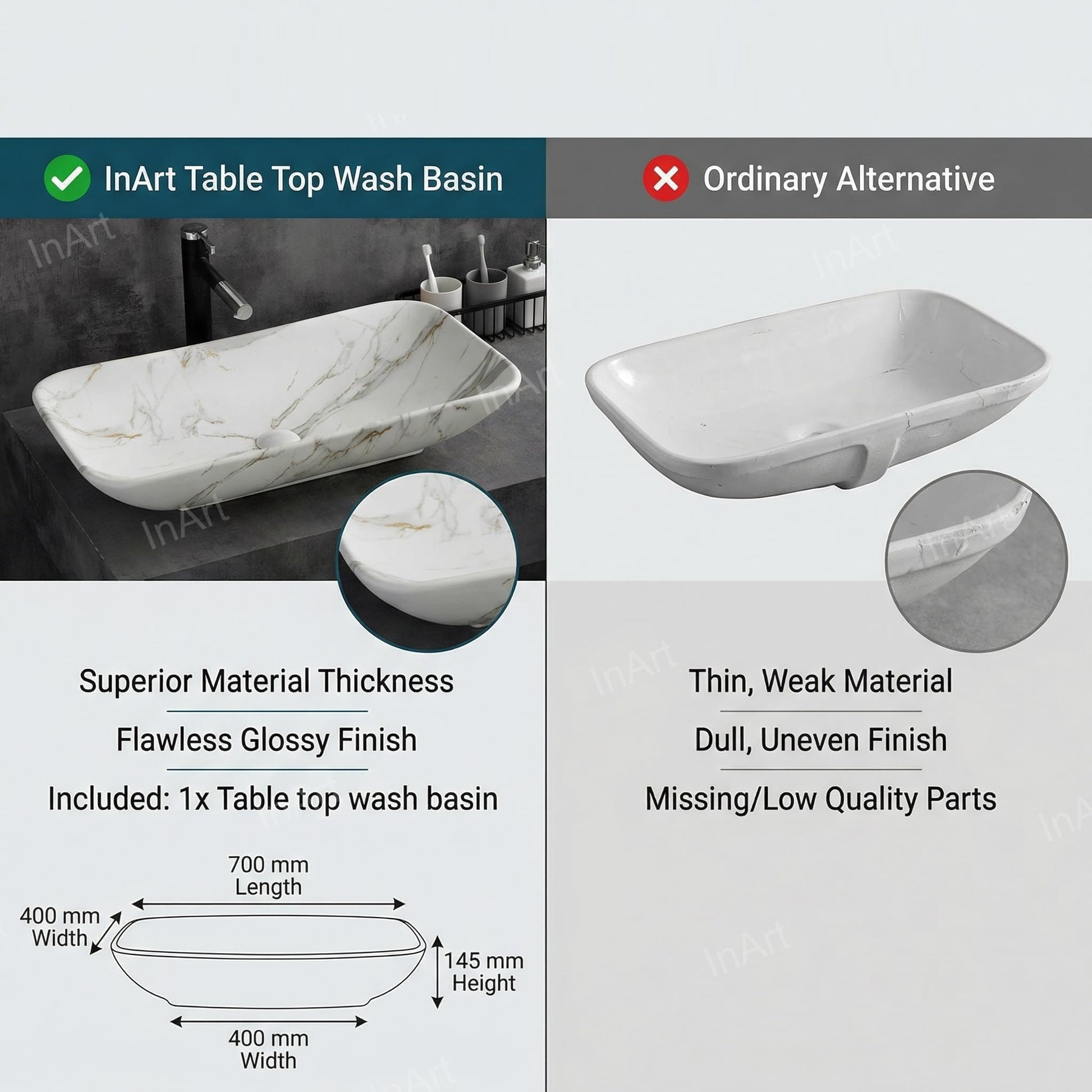 Rectangular top counter wash basin for washroom vanity, premium sanitaryware marble look