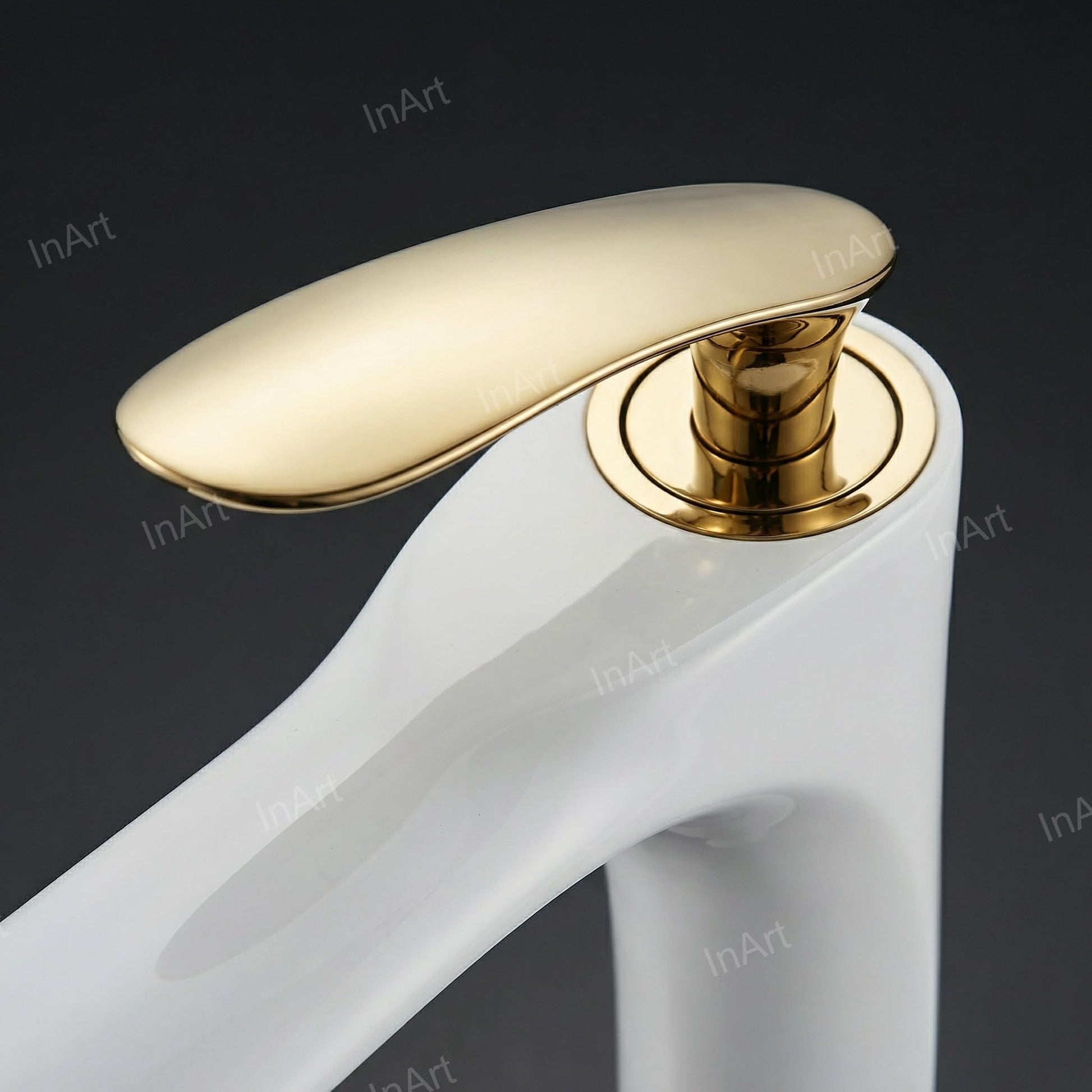 Single lever basin mixer tap in white gold, angled view for modern bathroom wash basin with mixer tap