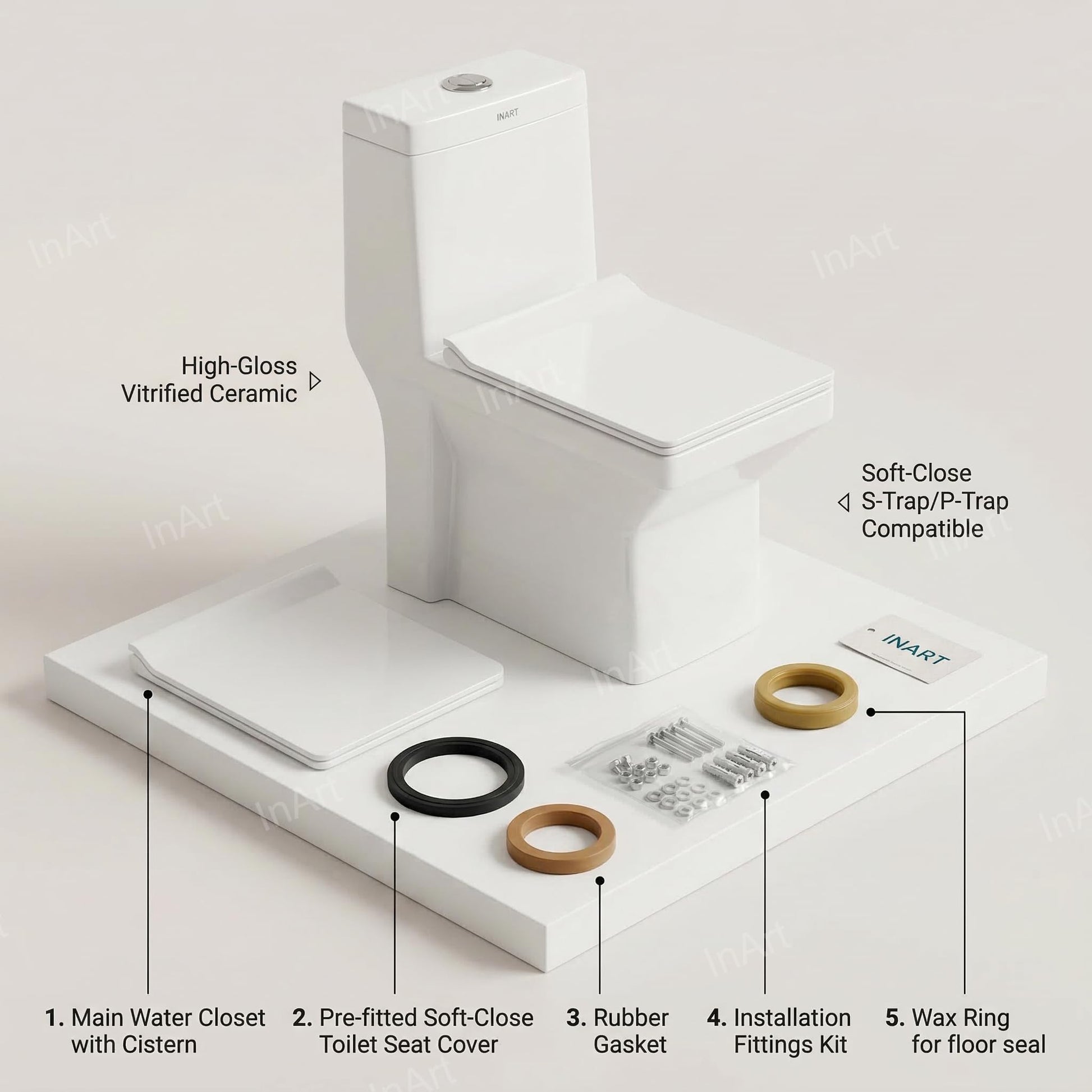 InArt western commode single piece in glossy white ceramic, floor mounted one-piece water closet for bathroom