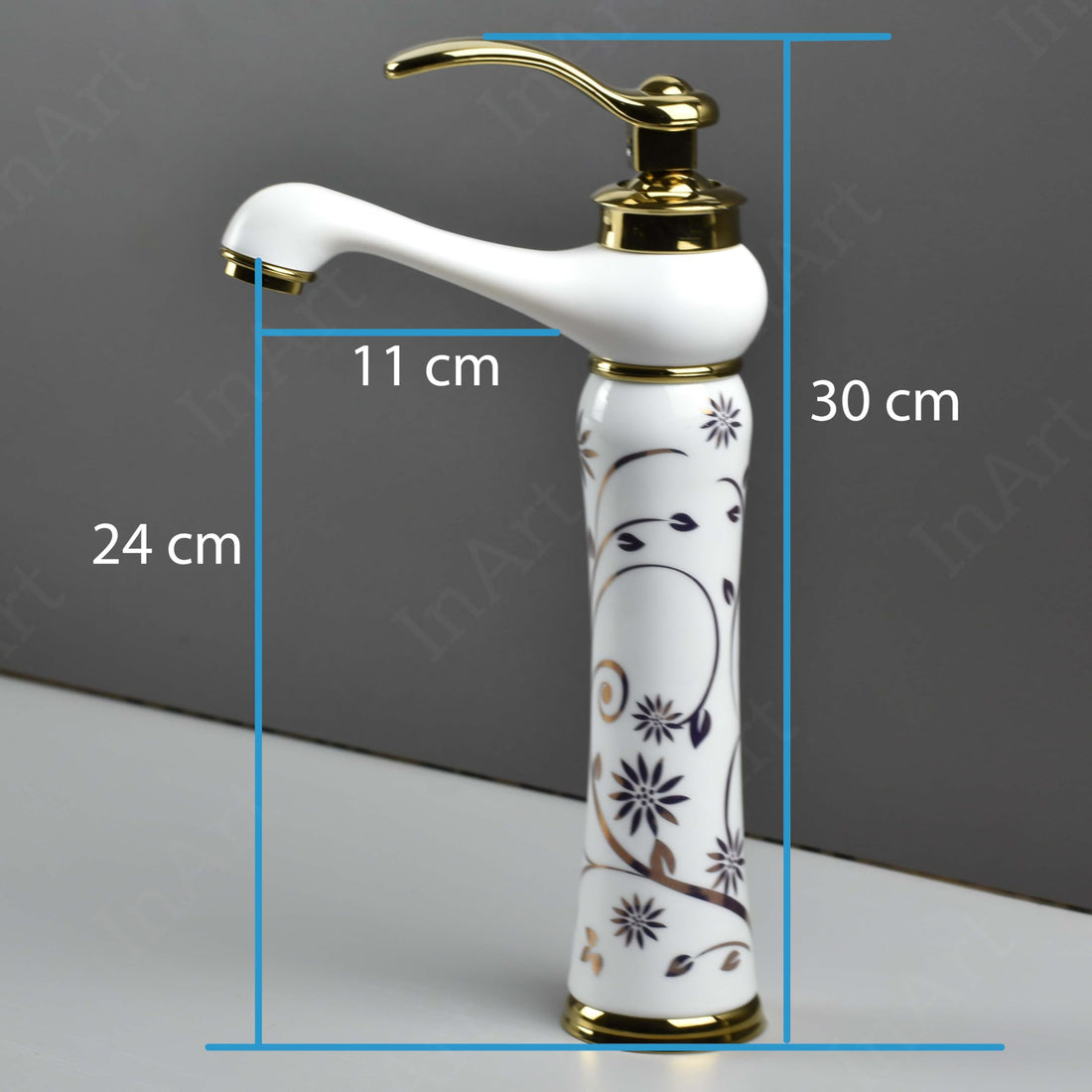 InArt single lever basin mixer tap in white gold antique finish, zinc body, waterfall spout, 12 inch