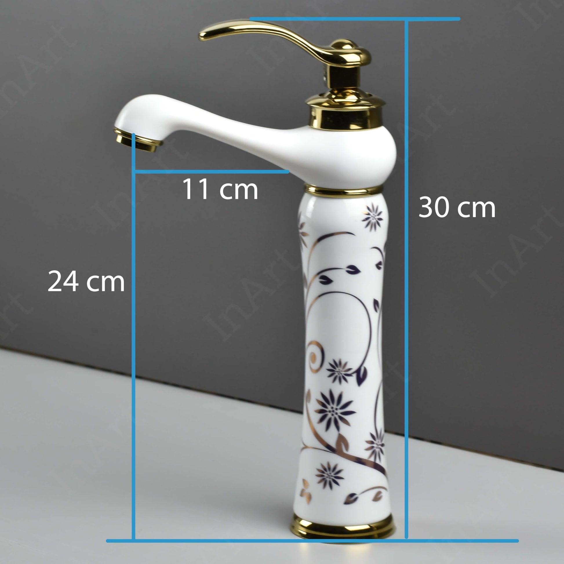 InArt designer taps for wash basin, waterfall basin tap in white gold, side angle view with single lever
