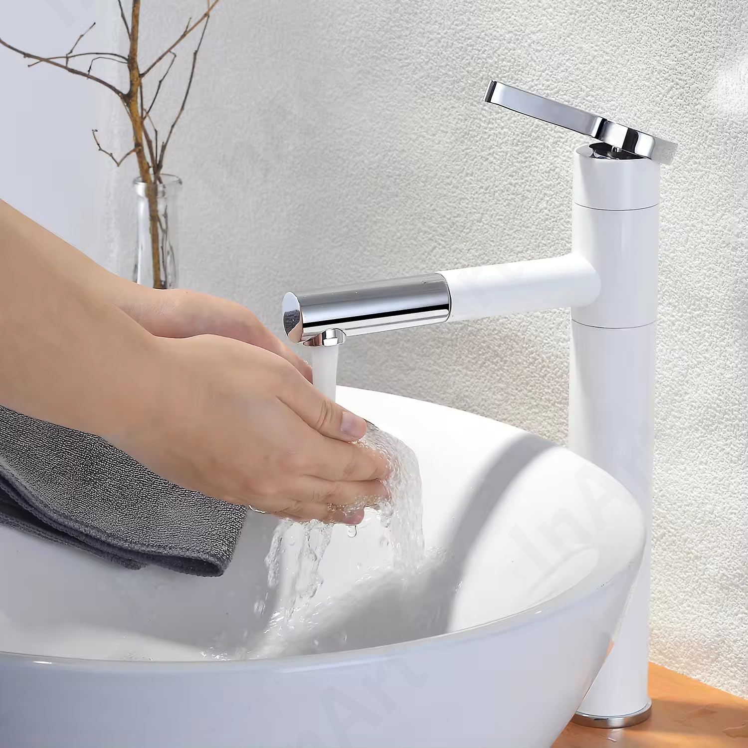 White and gold basin mixer tap with hot cold connection, designer waterfall basin tap for modern Indian washroom